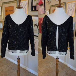 Vintage Black Sequin And Glass Beaded Zip Up Jacket With Pointed Cuffs